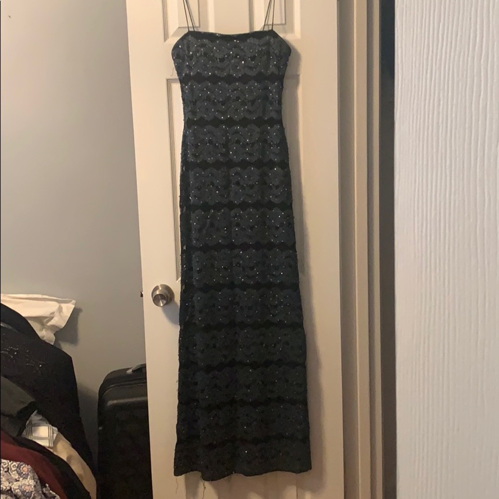 Blue lace over black mesh floor length dress